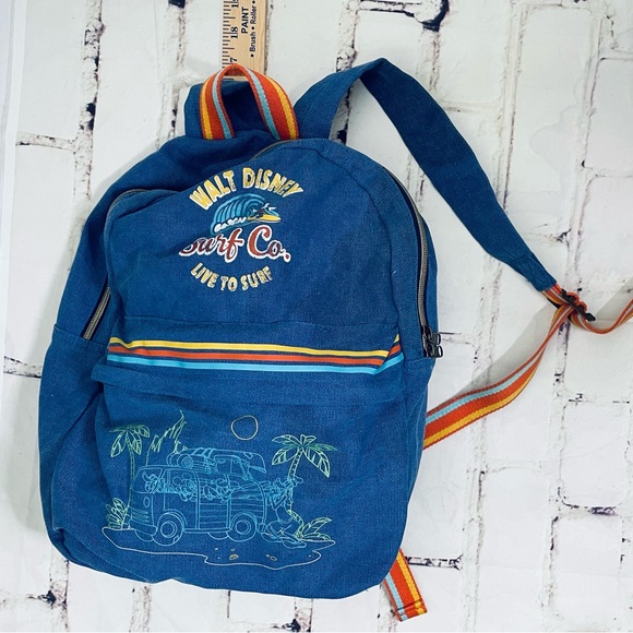 Walt Disney World Mickey & friends Surf Co. denim rainbow strap backpack - Picture 12 of 15